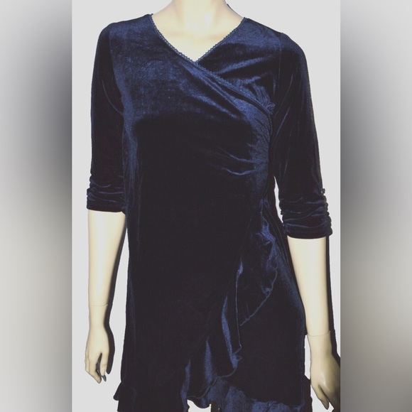 HYPE NEW BIG GIRLS SZ 12 NAVY BLUE V NECK VELVET RUCHED RUFFLES FANCY DRESS - Picture 2 of 6